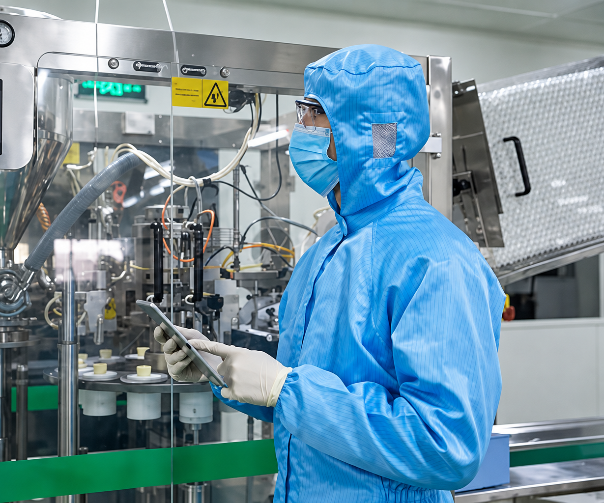 Quality control specialist reviewing fragrance production equipment at GT Industrial Cosmetic