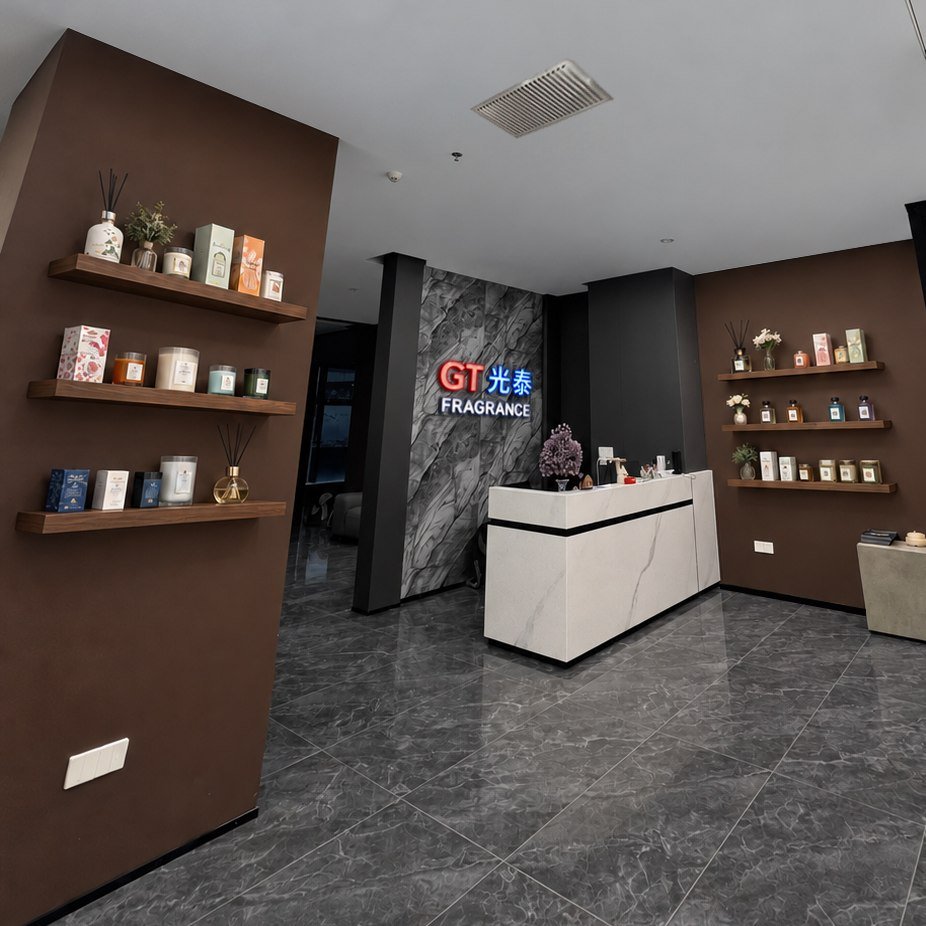 Private Label Fragrance Manufacturer Showroom in China Private label fragrance manufacturer showroom in China displaying reed diffusers, scented candles and car fragrance products